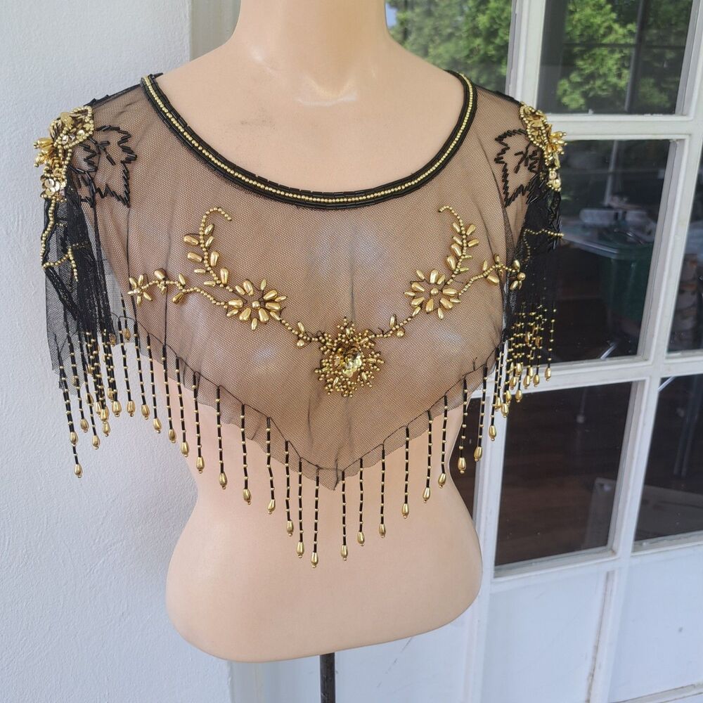 Vintage Beaded Mesh Capelet Black Gold Sheer Fringe Victorian Gothic Collar
